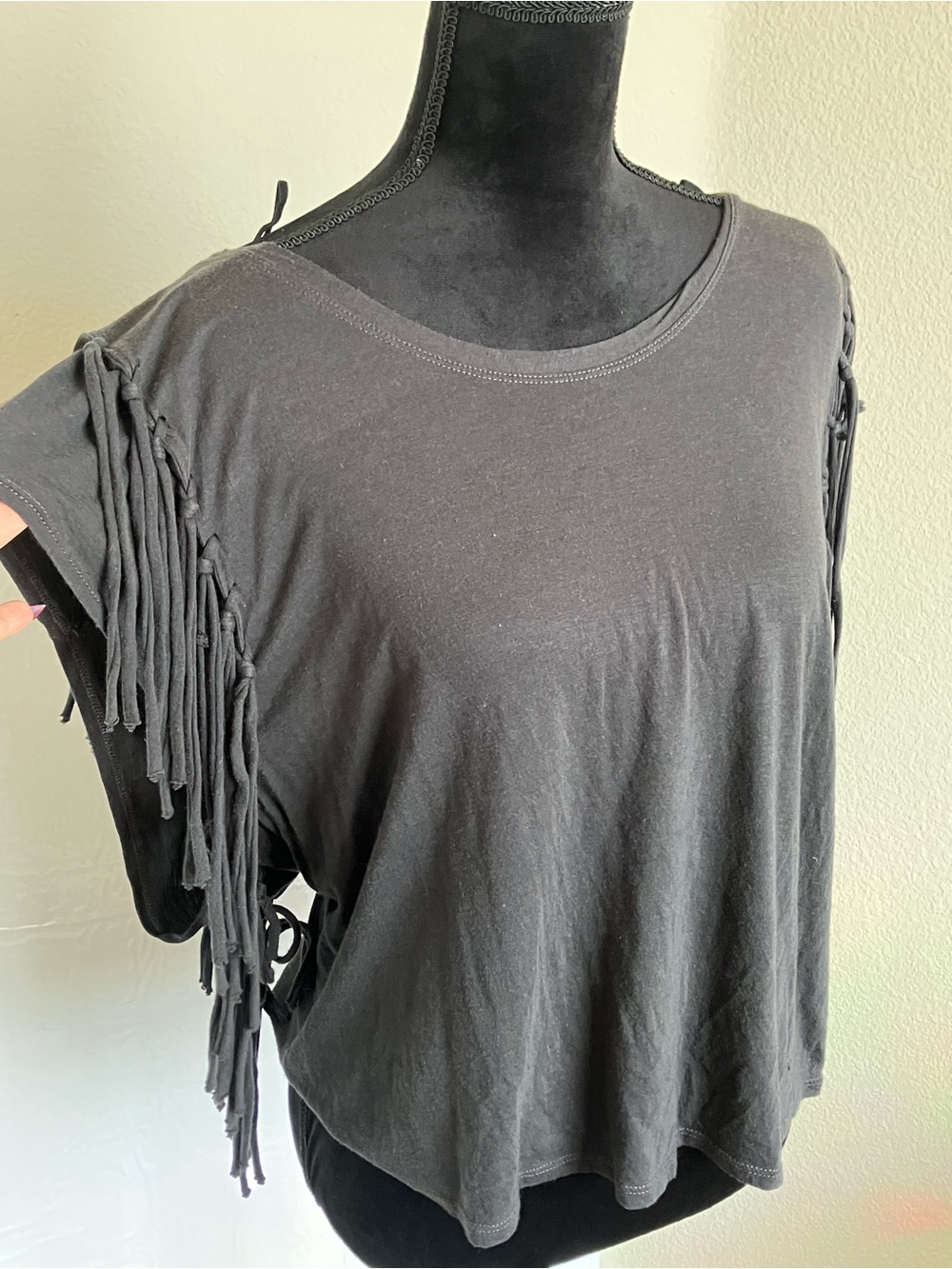 Free People Black Fringe Sleeve Tee